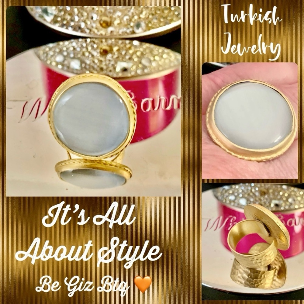 🆕Turkish Jewelry Ring In Gold Bath Over Metal With Stunning White Crystals Stone